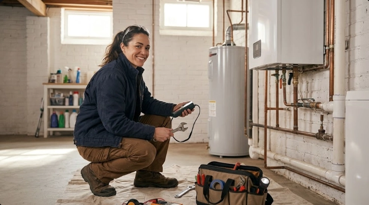Technician inspecting exposed piping connections during a repiping project