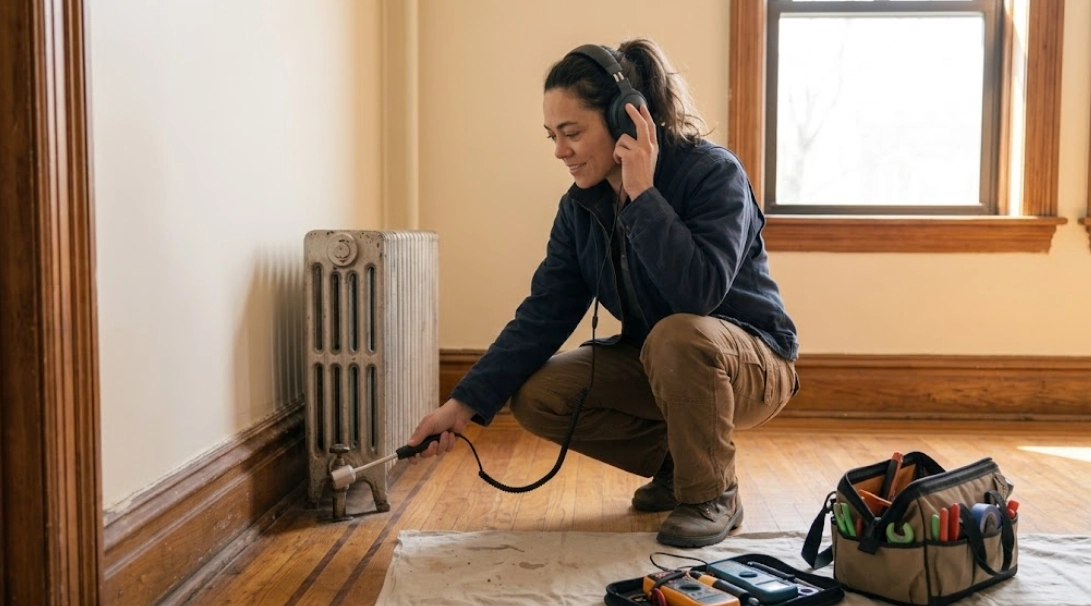 Technician utilizing advanced listening equipment for hidden water leak detection along an interior wall